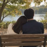 A couple seen from behind on a lakeside bench, her head resting on his shoulder
