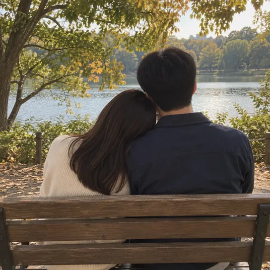A couple seen from behind on a lakeside bench, her head resting on his shoulder