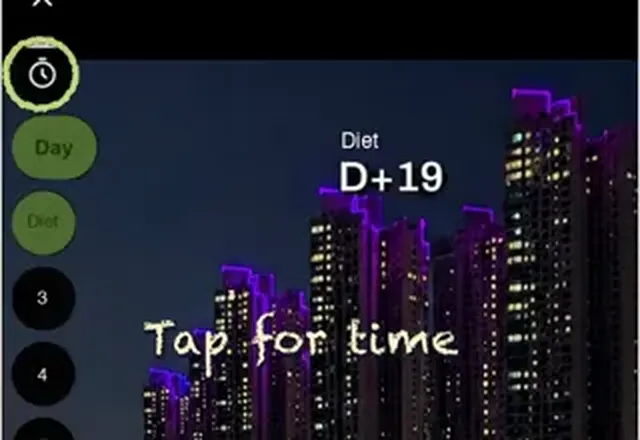 In the dayLime app, the clock button is circled with the note Tap for time, over a night skyline of lit towers and a Diet D+19 label