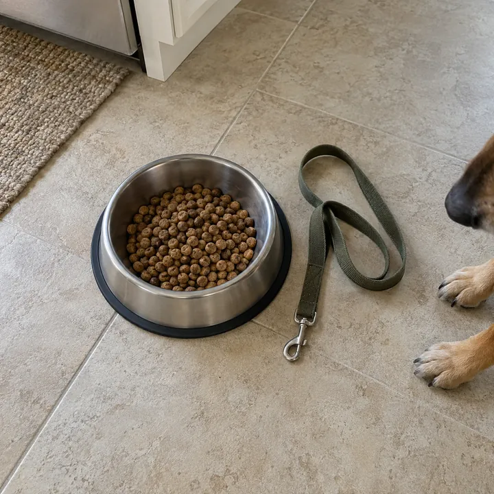 A steel bowl of dry dog food beside a green leash on a tile floor, with a dog's paws at the edge of the frame