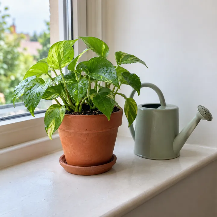 A potted pothos plant on a windowsill next to a green watering can