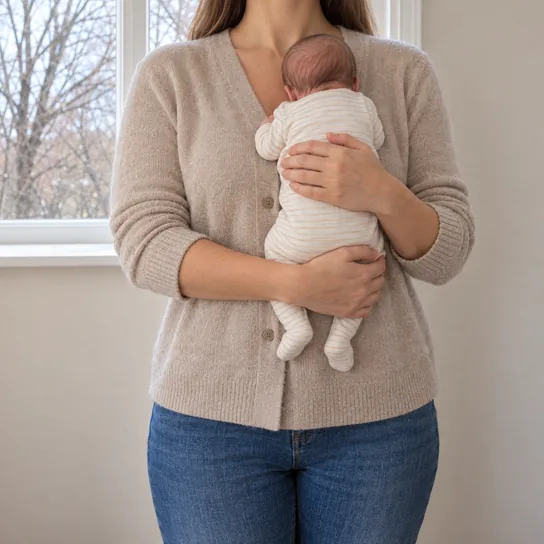 A mother in a beige cardigan holding a newborn against her chest beside a window, her face out of frame