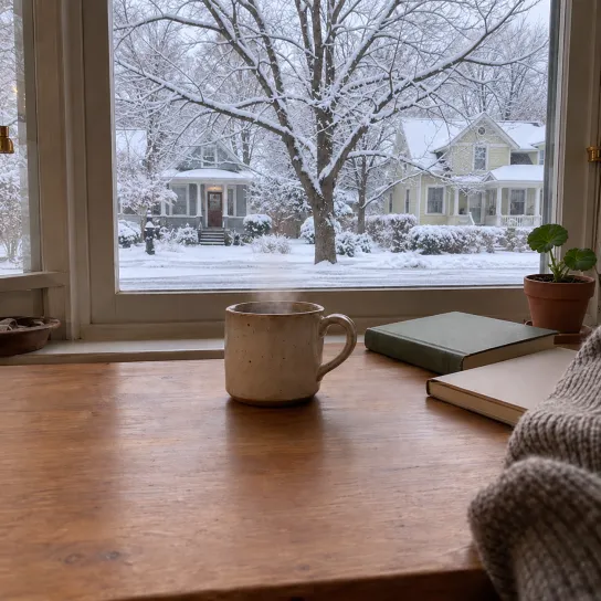 A window desk in daylight with a steaming mug, two books and a small potted plant, and snow-covered trees and houses outside