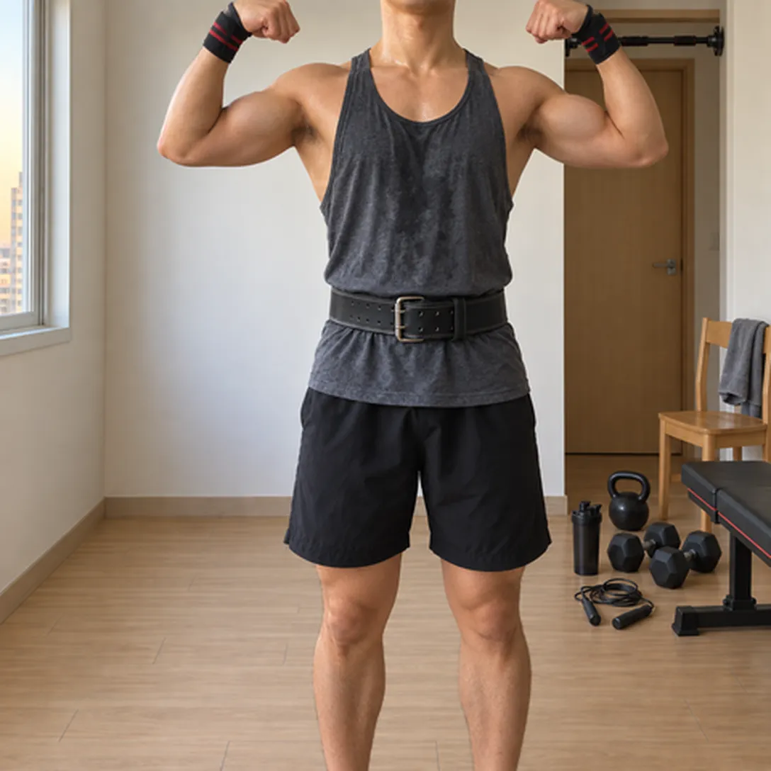 A man flexing in a home gym with his face out of frame, and the earlier day's pose faintly showing through